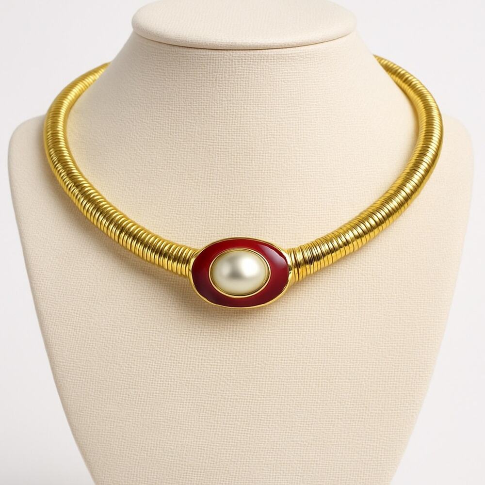 Vintage Monet Statement Collar Necklace Gold-Tone Faux Pearl Cabochon 70’s–80s